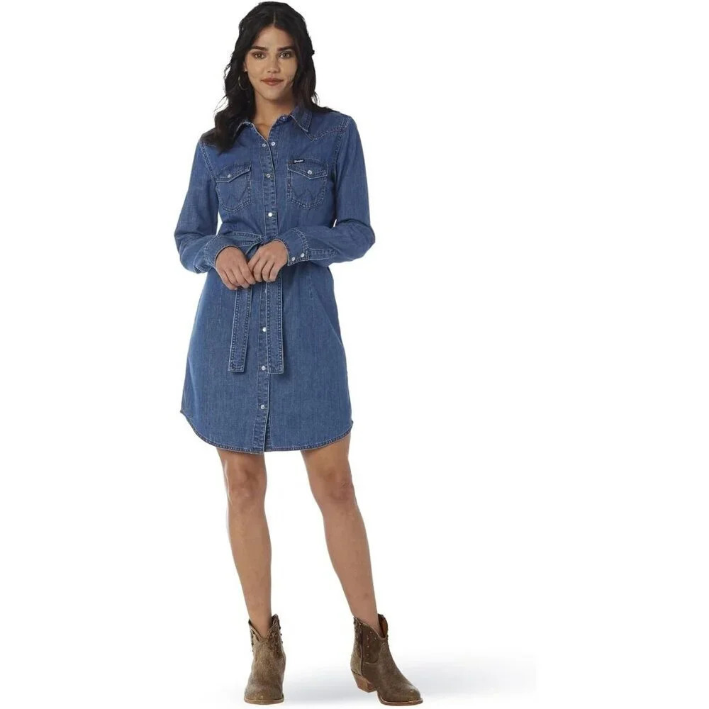 Womens Long Sleeve Western Denim Snap Dress